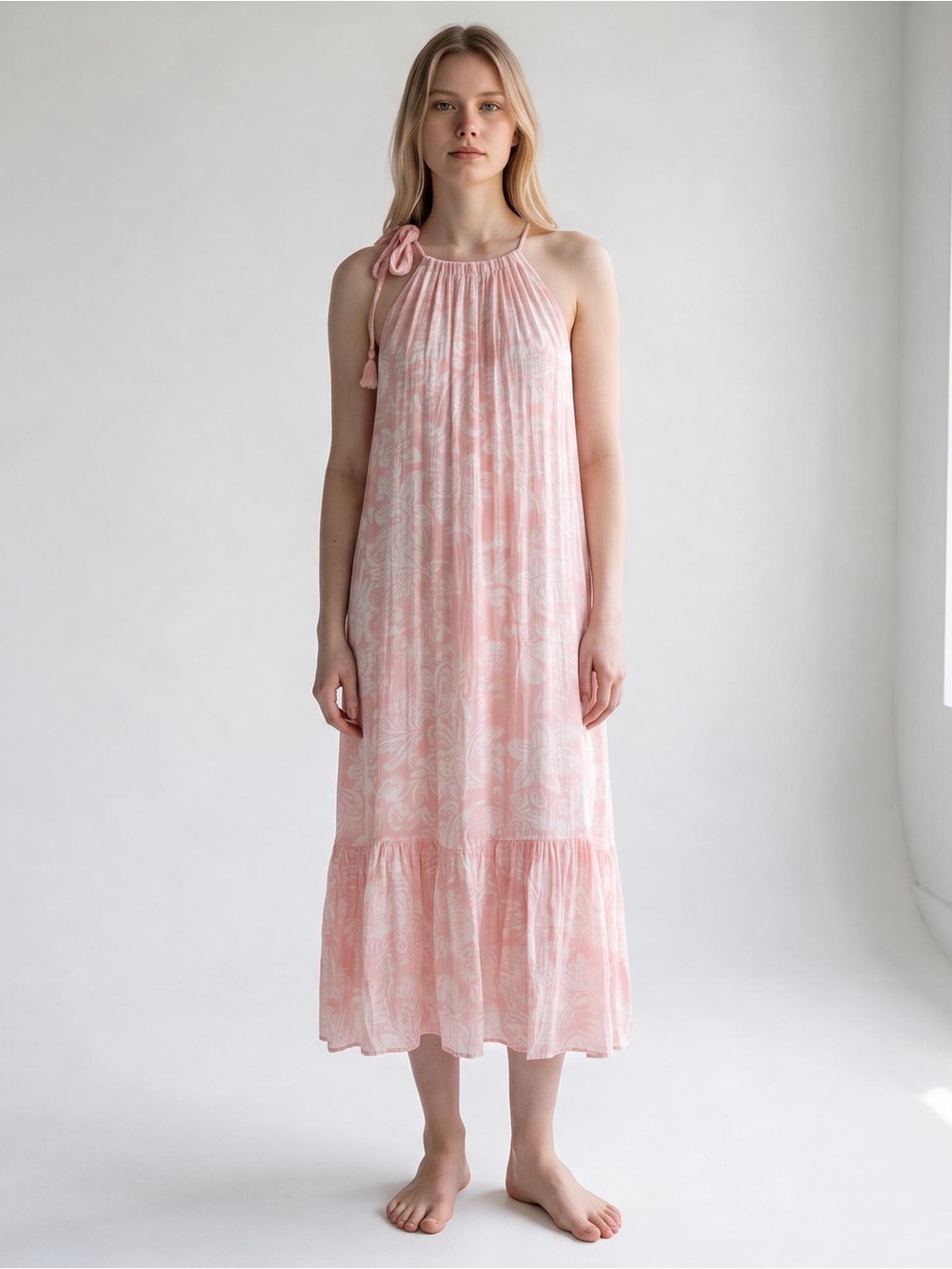 Rosemarine Made in Italy Cottagecore Sleeveless Pink Halter Maxi Dress. Ethereal